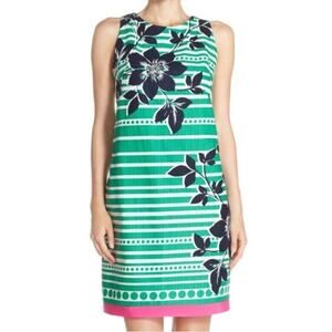 Eliza J Green Bright Tropical Floral flower Striped Sleeveless Zip Dress size 6